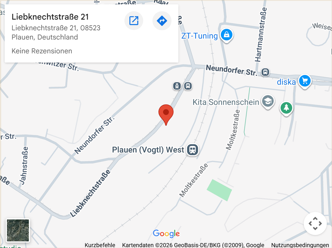 Kartenausschnitt: Parkett-Schulz, Liebknechtstraße 21, 08523 Plauen – Klicken um Google Maps zu öffnen